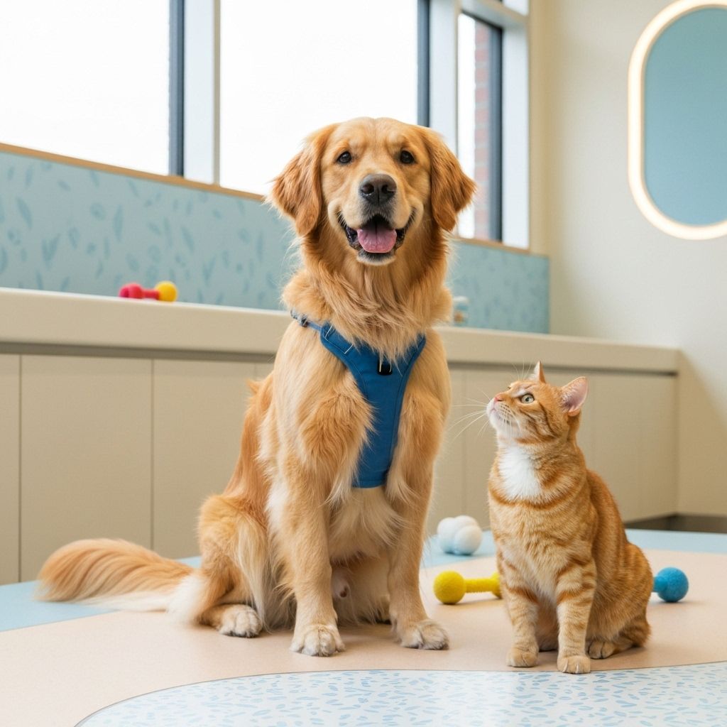 Pets felizes - cachorro golden retriever e gato laranja